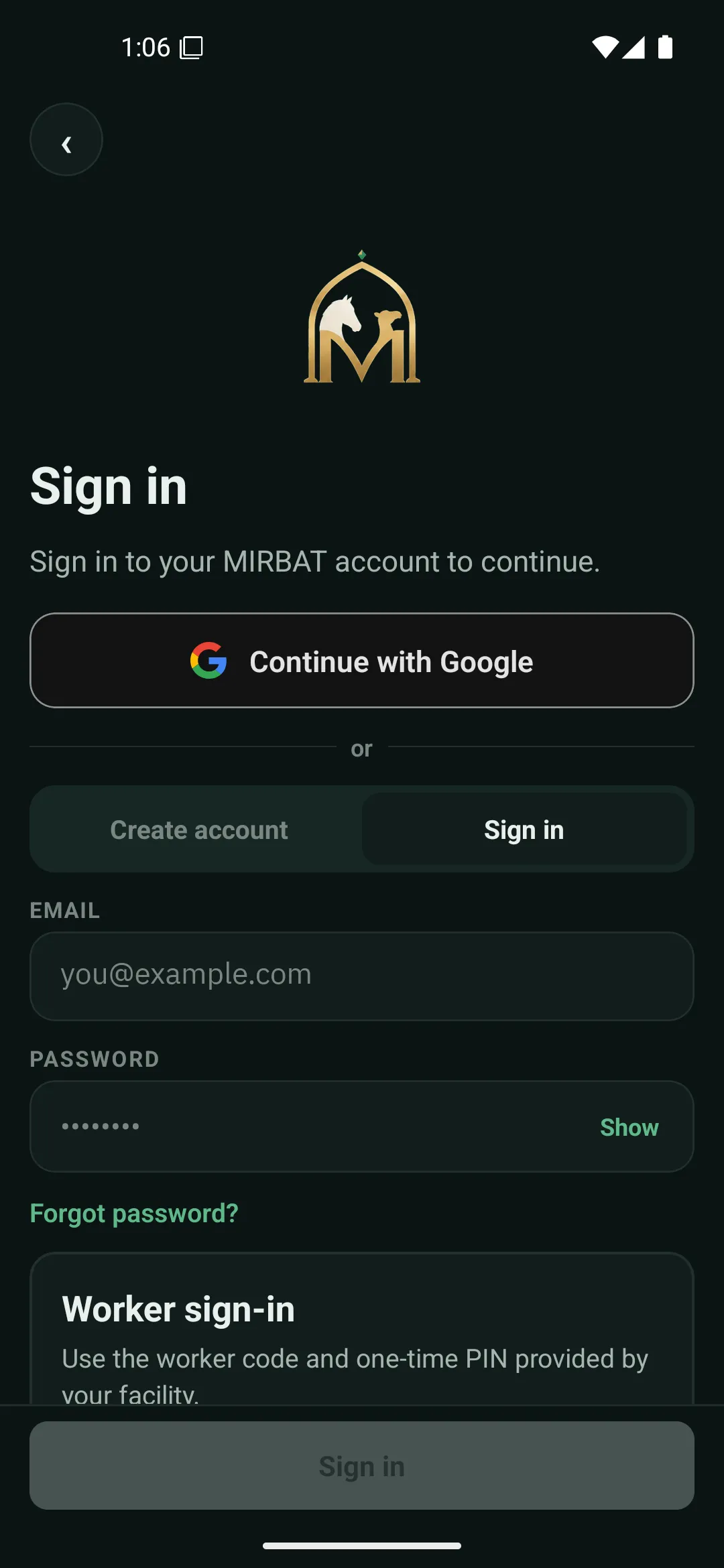 The MIRBAT sign-in screen on a phone.